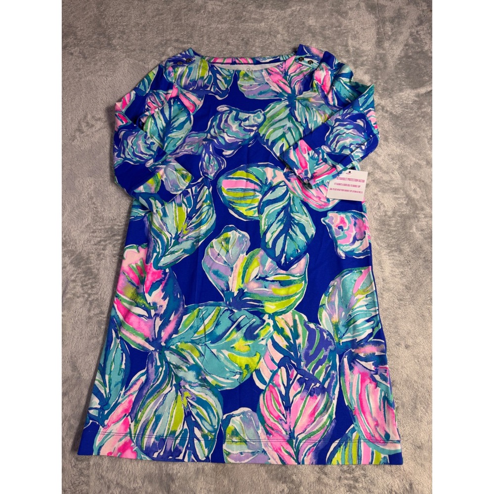 Lilly Pulitzer Bold Blue Tropical Leaf Shift Dress with Pink & Green